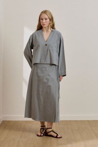Gri Organik Keten Tek Cepli Ceket & Anvelop Etek Takım