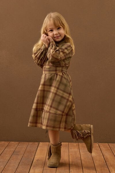 Vizon Ekose Detaylı Çocuk Elbise