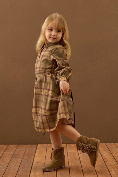 Vizon Ekose Detaylı Çocuk Elbise