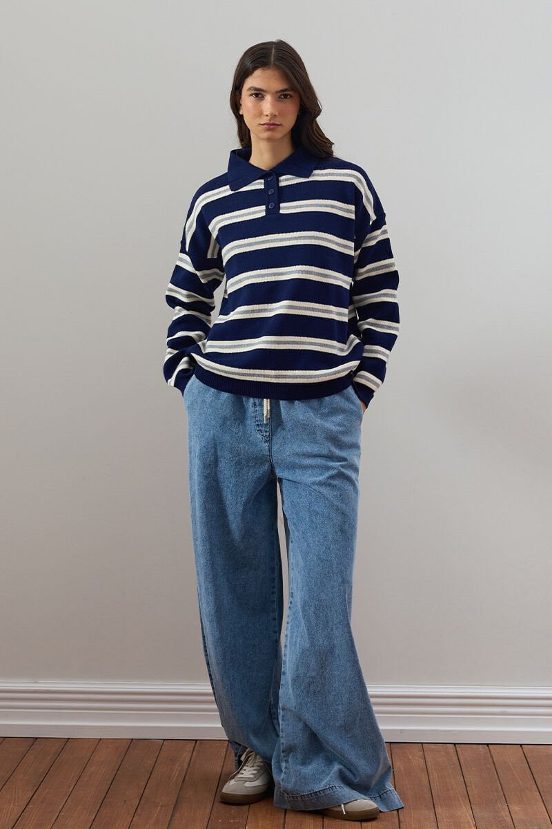 Buz Mavisi Bol Paça Kot Pantolon