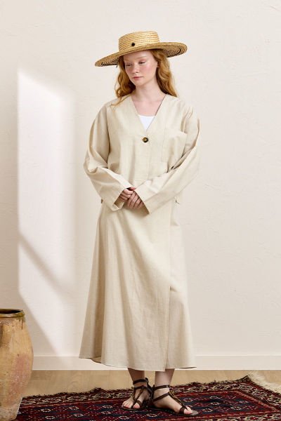 Krem Organik Keten Tek Cepli Ceket & Anvelop Etek Takım