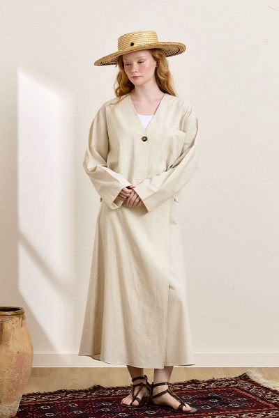 Krem Organik Keten Tek Cepli Ceket & Anvelop Etek Takım