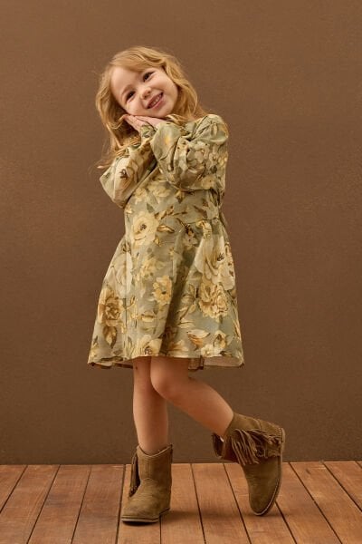 Haki Gül Desenli Korsaj Detay Çocuk Elbise