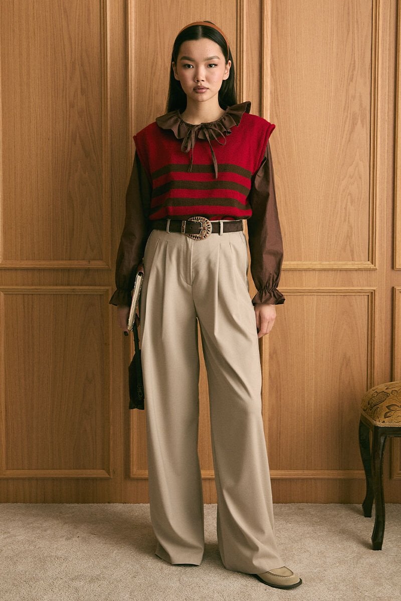 Kırmızı Çizgi Detaylı Süveter & Vizon Pile Detay Palazzo Pantolon Takım