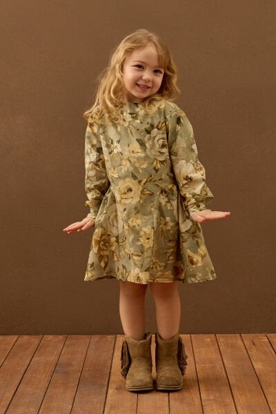 Haki Çiçek Detaylı Çocuk Elbise