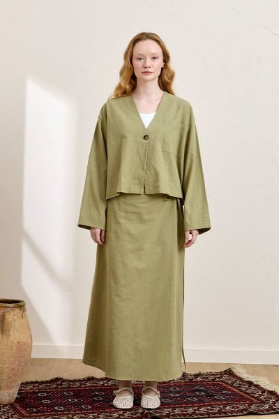 Haki Organik Keten Tek Cepli Ceket & Anvelop Etek Takım