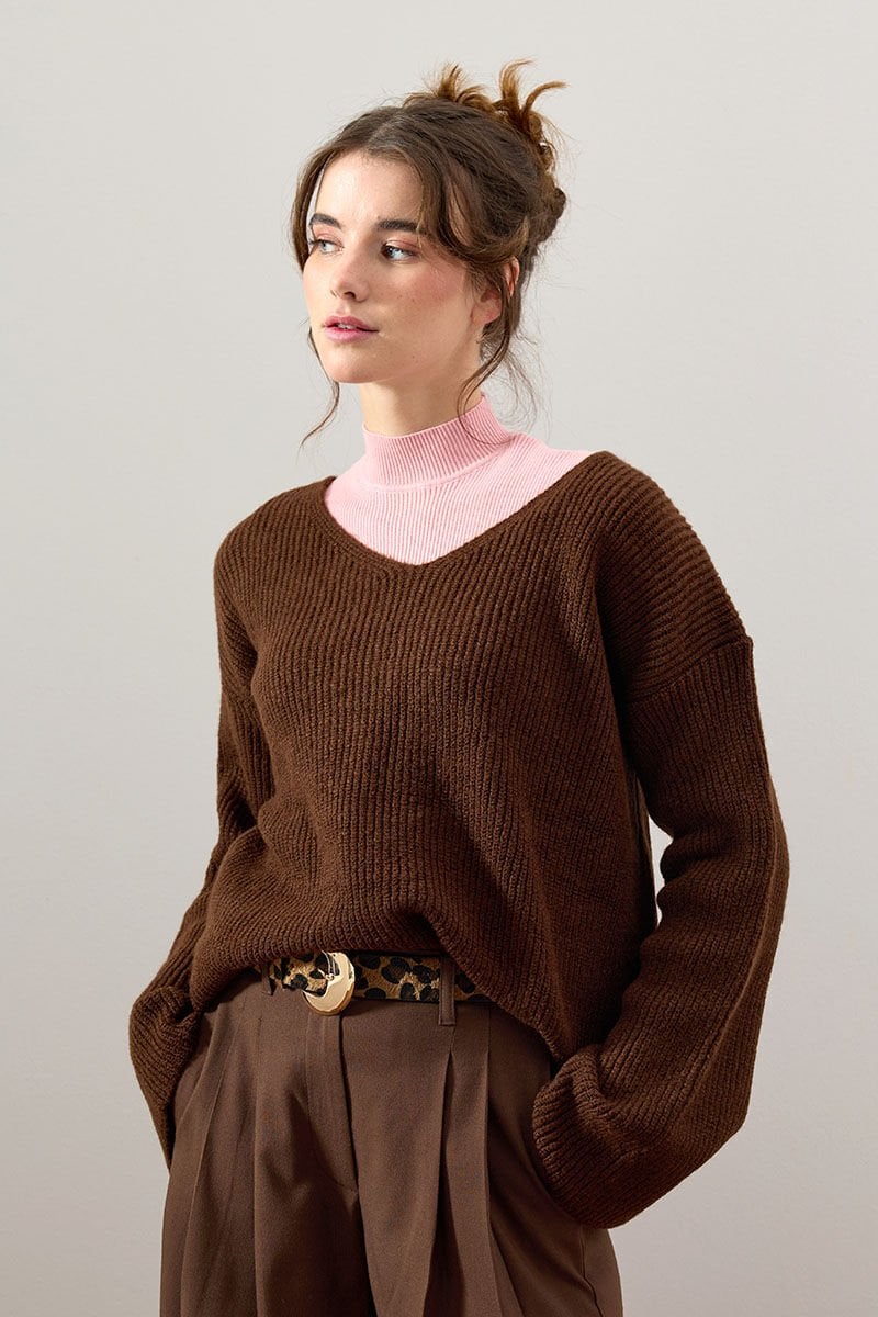 Acı Kahve V Yaka Triko Kazak