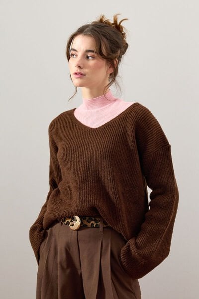 Acı Kahve V Yaka Triko Kazak