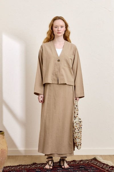 Karamel Organik Keten Tek Cepli Ceket & Anvelop Etek Takım