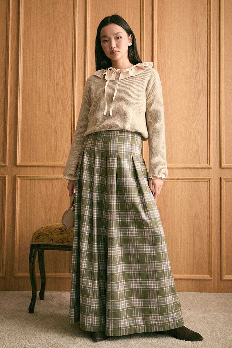 Vizon V Yaka Triko Kazak & Haki Ekose Pile Detay Bol Paça Pantolon Takım