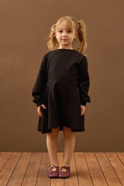 Siyah Krep Pile Detay Çocuk Elbise