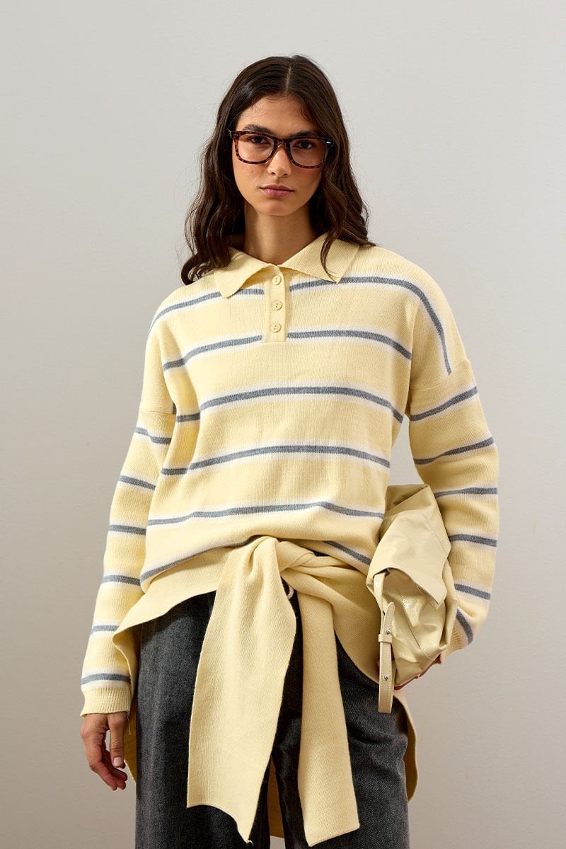 Tereyağ Sarısı Düğme Detay Triko Kazak