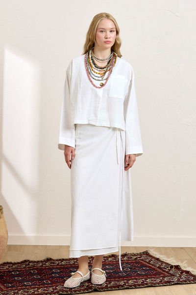 Beyaz Organik Keten Tek Cepli Ceket & Anvelop Etek Takım
