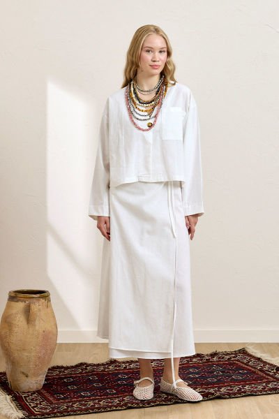 Beyaz Organik Keten Tek Cepli Ceket & Anvelop Etek Takım