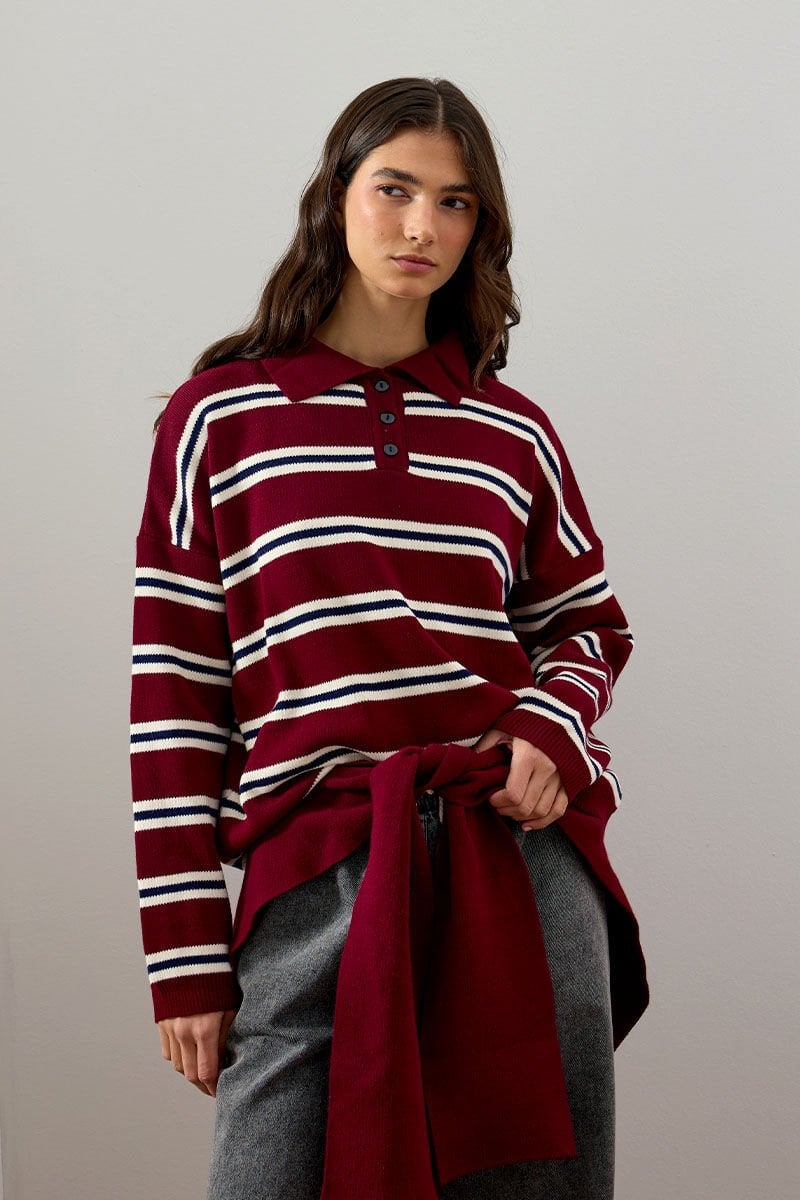 Bordo Düğme Detay Triko Kazak