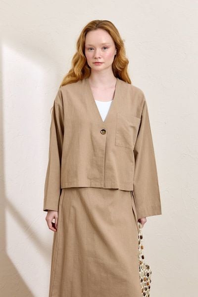 Karamel Organik Keten Tek Cepli Ceket