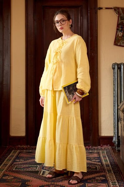 Limon Sarısı Müslin 3 Fiyonklu Bluz