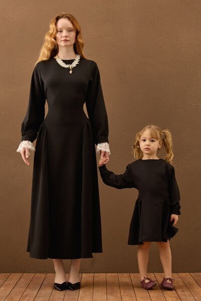 Siyah Krep Korsaj Detay Anne Çocuk Elbise Takım