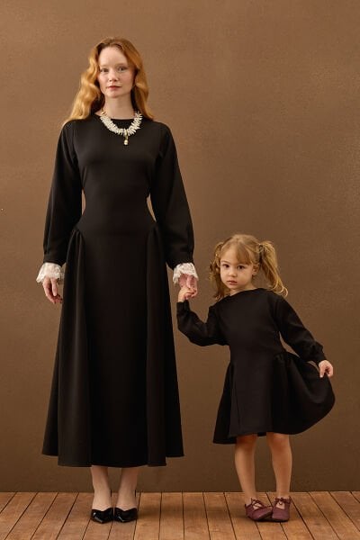 Siyah Krep Korsaj Detay Anne Çocuk Elbise Takım