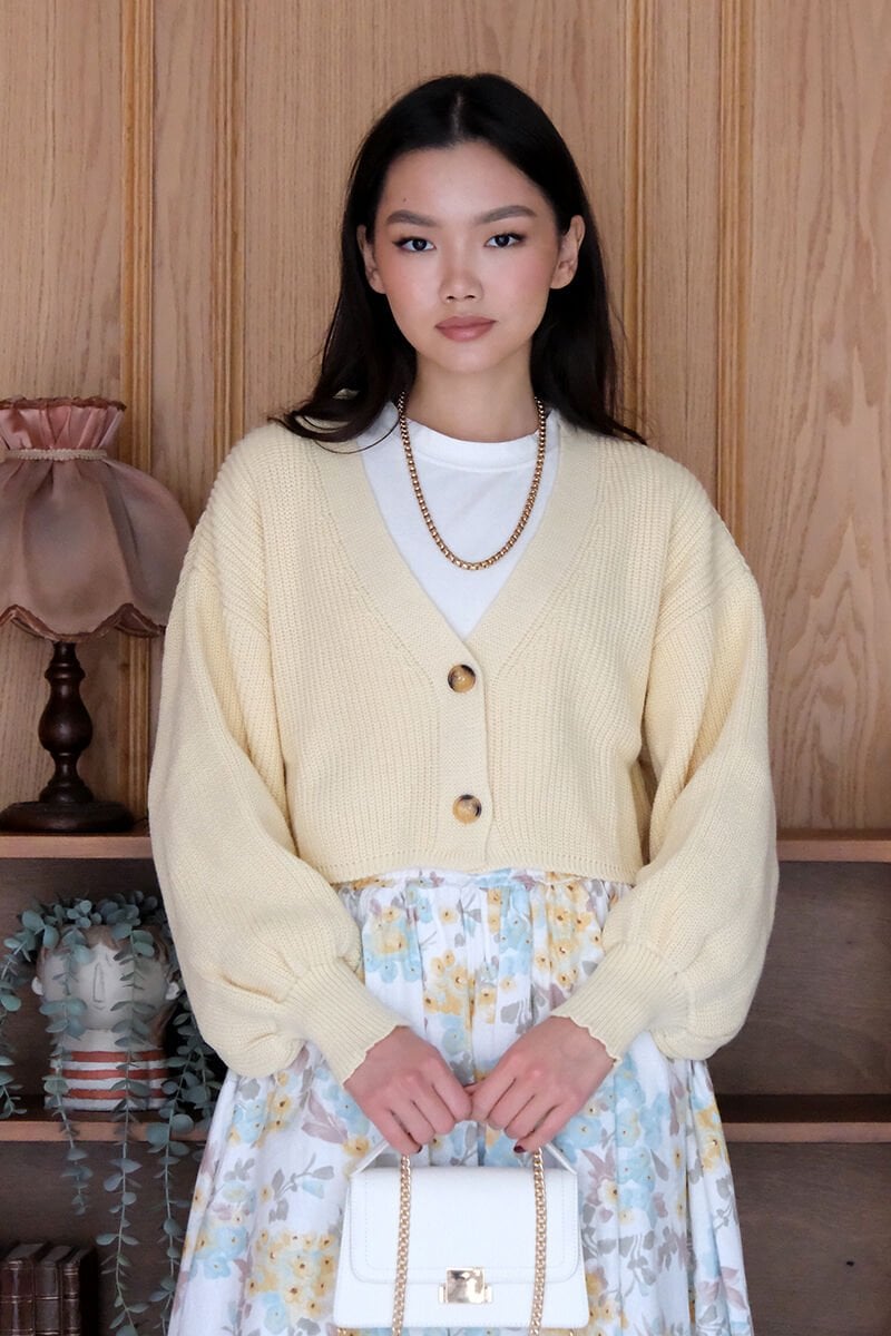 Tereyağ Sarısı Balon Kol Triko Hırka