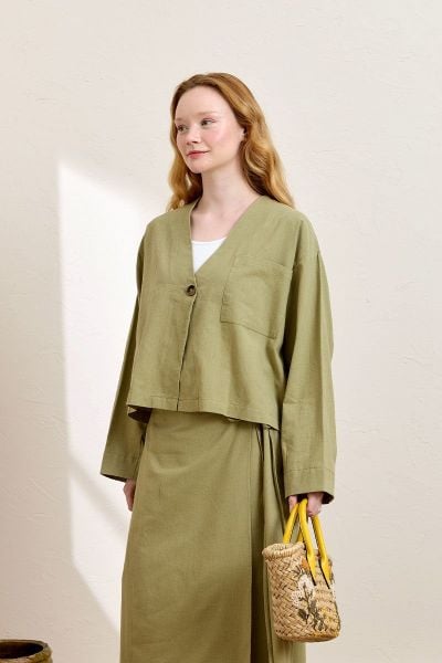 Haki Organik Keten Tek Cepli Ceket