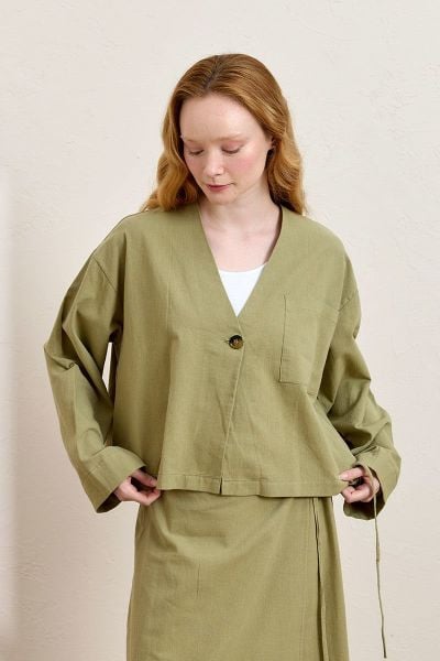 Haki Organik Keten Tek Cepli Ceket