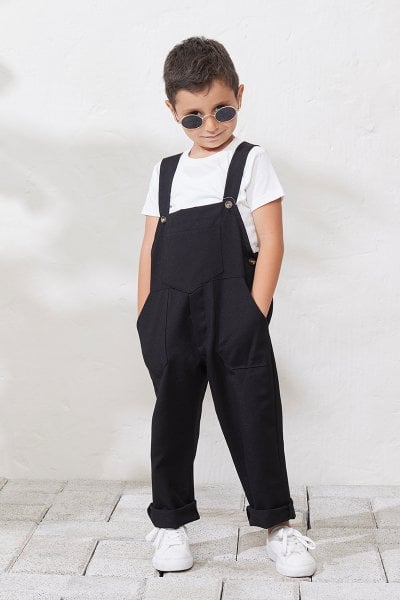 Siyah Keten Salopet Çocuk Tulum