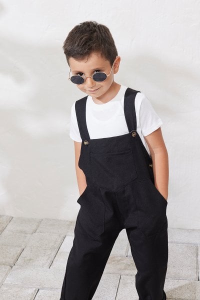 Siyah Keten Salopet Çocuk Tulum