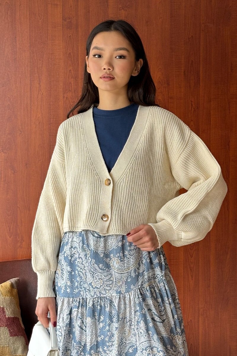 Krem Balon Kol Triko Hırka