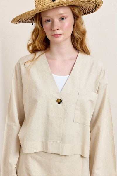Krem Organik Keten Tek Cepli Ceket