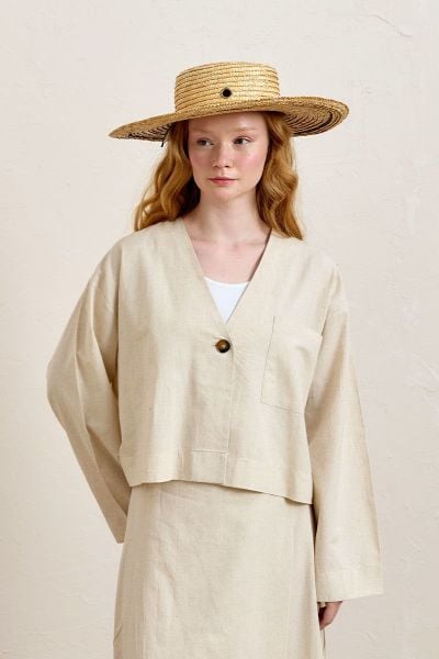 Krem Organik Keten Tek Cepli Ceket