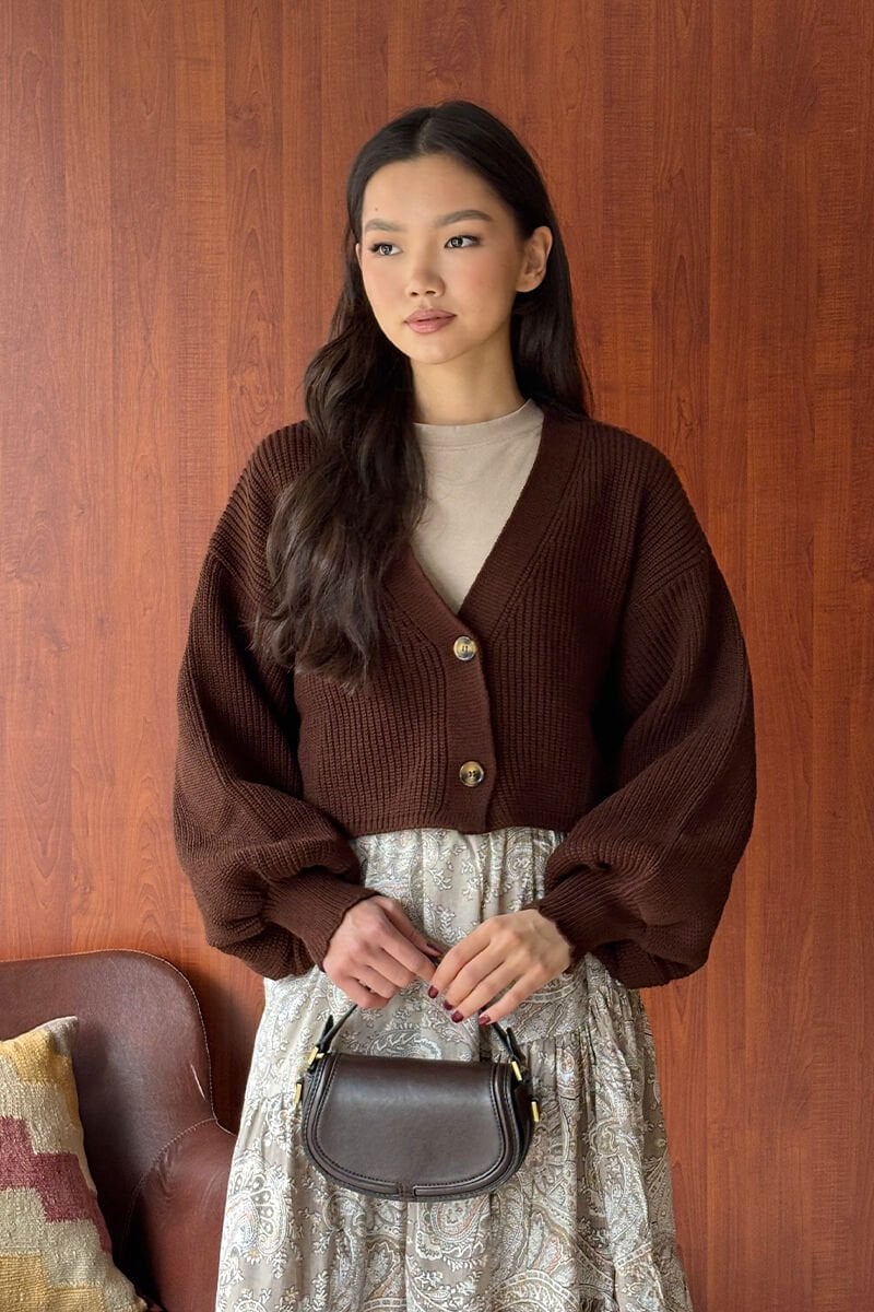 Acı Kahve Balon Kol Triko Hırka