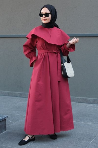 Bordo Geniş Yaka Elbise / Harmandalı