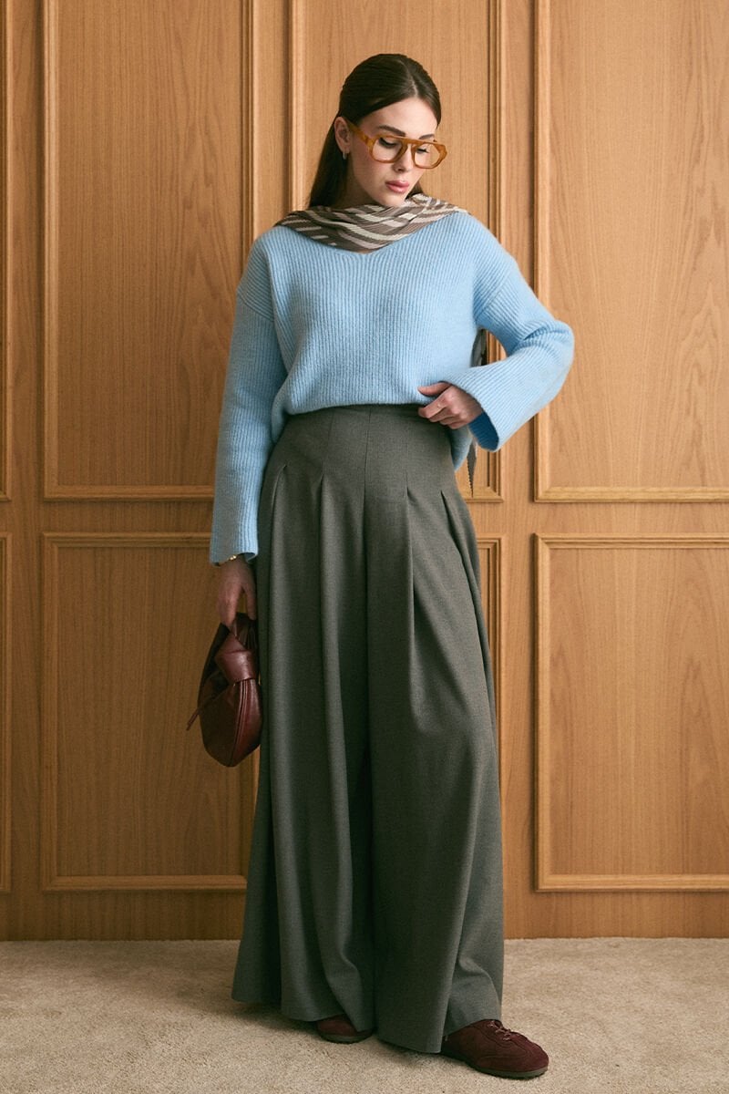 Bebe Mavisi V Yaka Triko Kazak & Antrasit Pile Detay Bol Paça Pantolon Takım