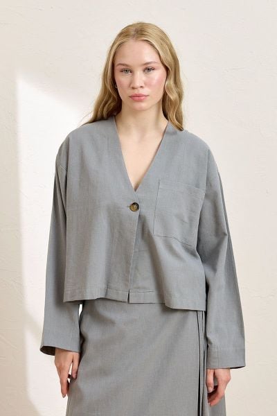 Gri Organik Keten Tek Cepli Ceket