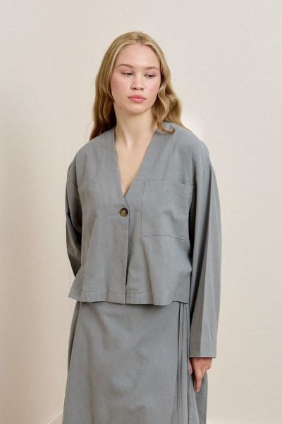 Gri Organik Keten Tek Cepli Ceket