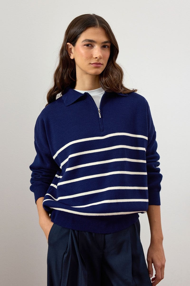 Lacivert Çizgili Triko Kazak