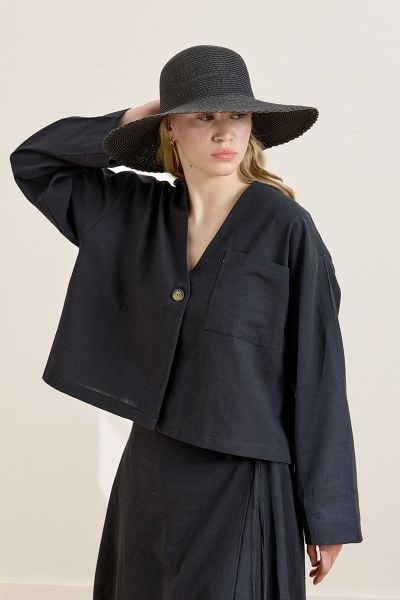 Siyah Organik Keten Tek Cepli Ceket