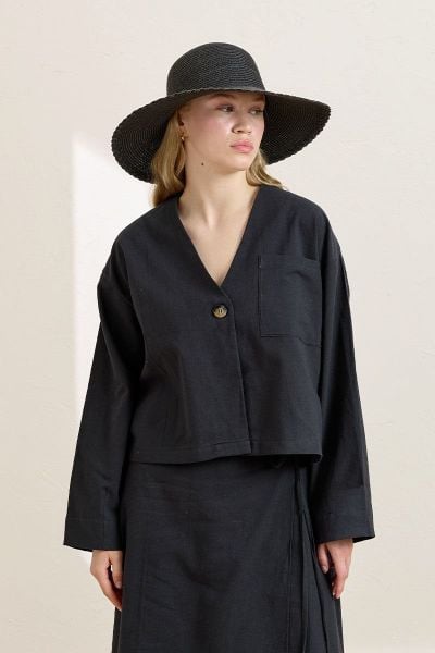 Siyah Organik Keten Tek Cepli Ceket