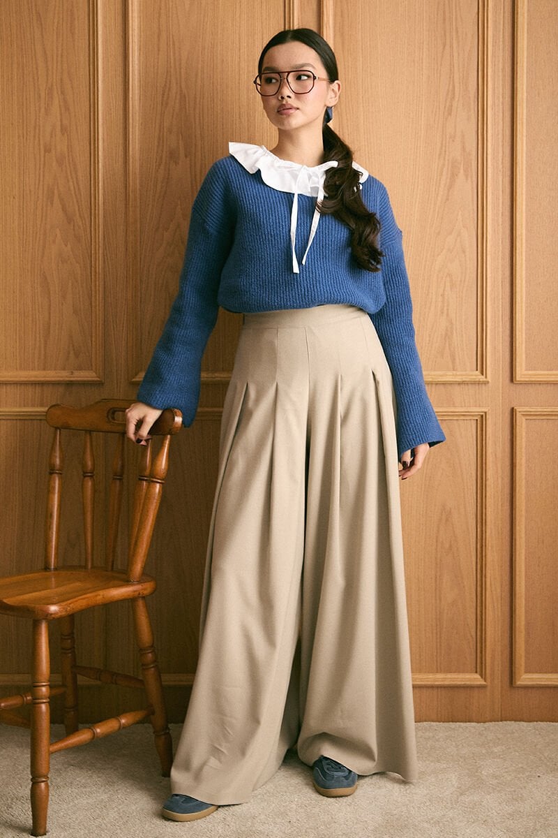 Mavi V Yaka Triko Kazak & Vizon Pile Detay Bol Paça Pantolon Takım