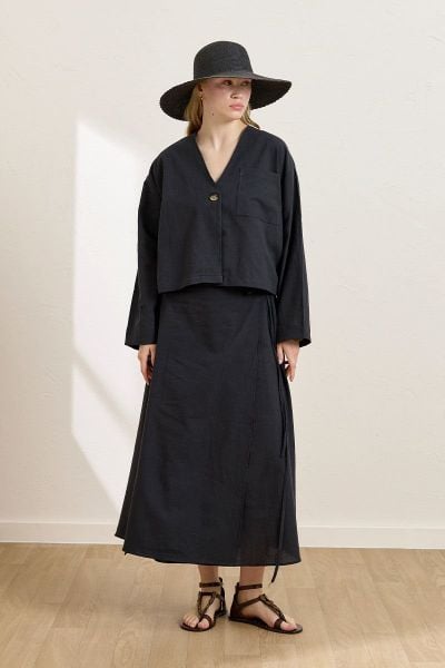 Siyah Organik Keten Anvelop Etek