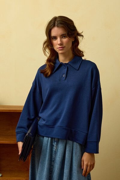 İndigo Polo Yaka Crop