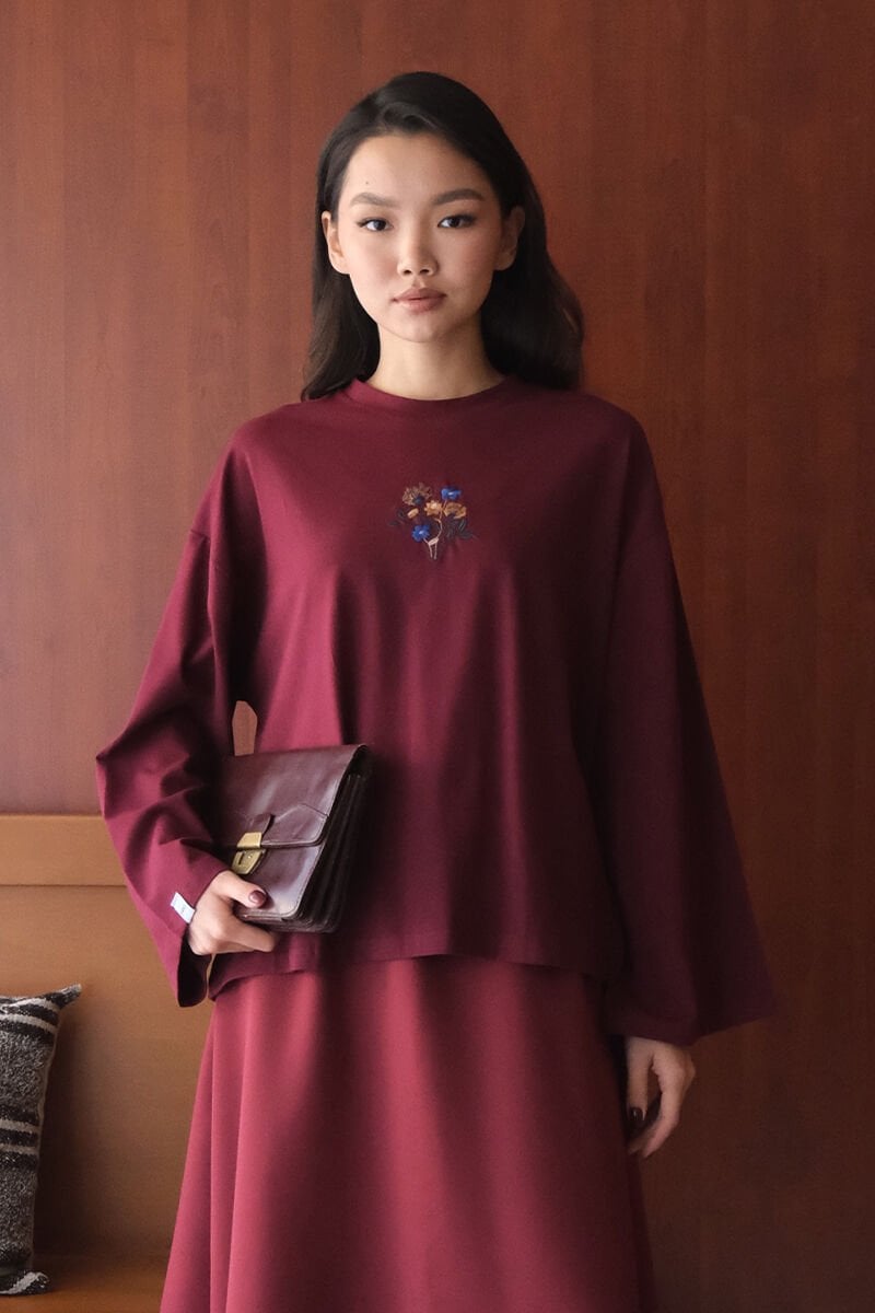 Bordo Nakışlı Body