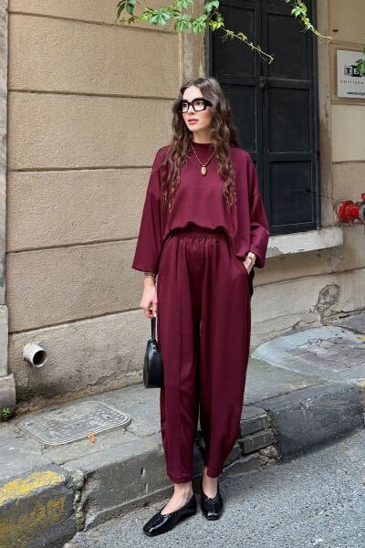 Bordo Oysho Şalvar Takım