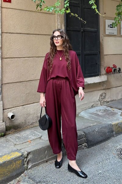 Bordo Oysho Şalvar Takım