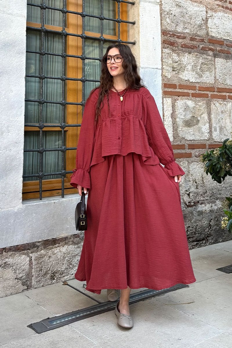 Bordo Müslin Biyeli Bluz & Balon Etek Takım
