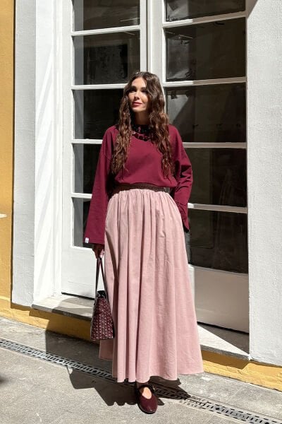 Bordo Body & Gül Kurusu Organik Keten Balon Etek Takım