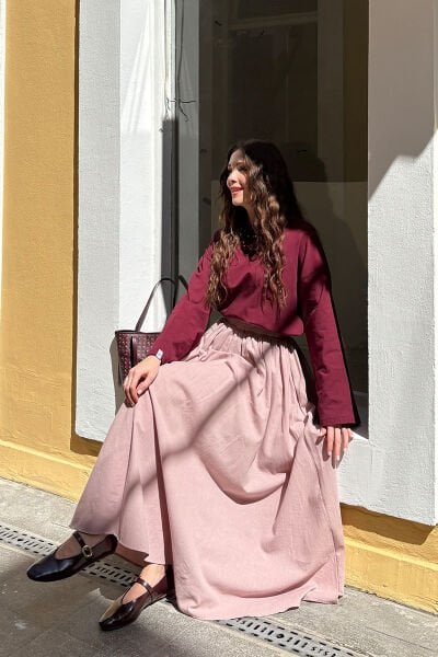 Bordo Body & Gül Kurusu Organik Keten Balon Etek Takım