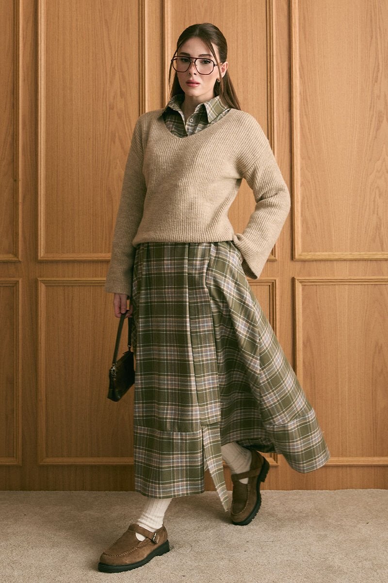 Vizon V Yaka Triko Kazak & Haki Ekoseli Vintage Elbise Takım