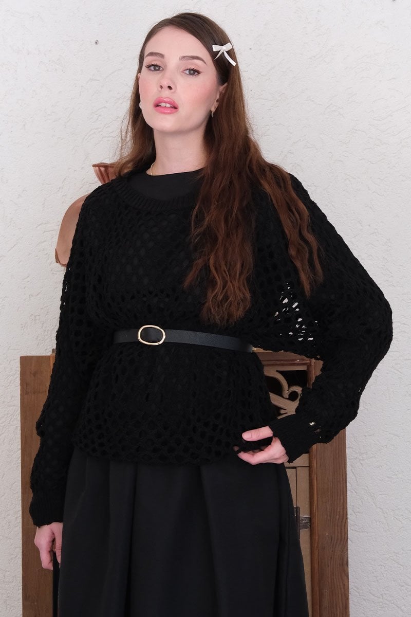 Siyah File Triko Bluz